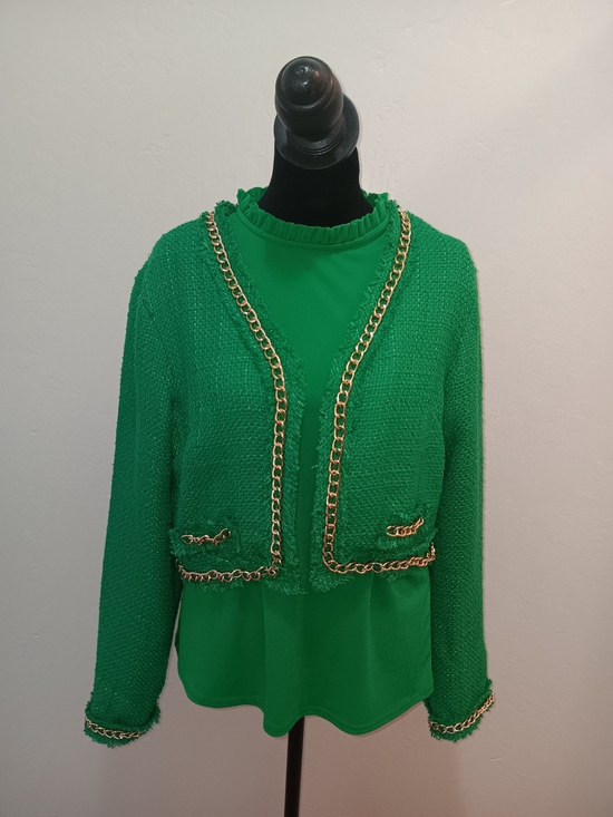 WD.NY Jackets & Blazers - WD.NY Green Bouclé Chain-Trim Crop Jacket